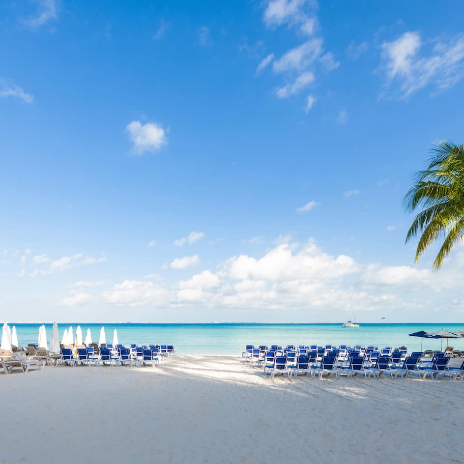 On the beach, white sand, sun loungers, beach umbrellas