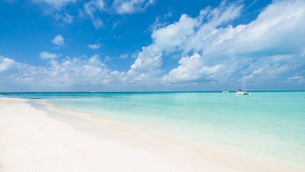 A beach with clear turquoise water and a boat in the distance.