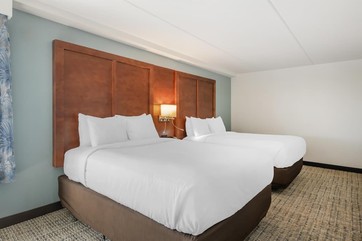 A hotel room with two beds, a wooden headboard, a nightstand with a lamp, and a patterned carpet.