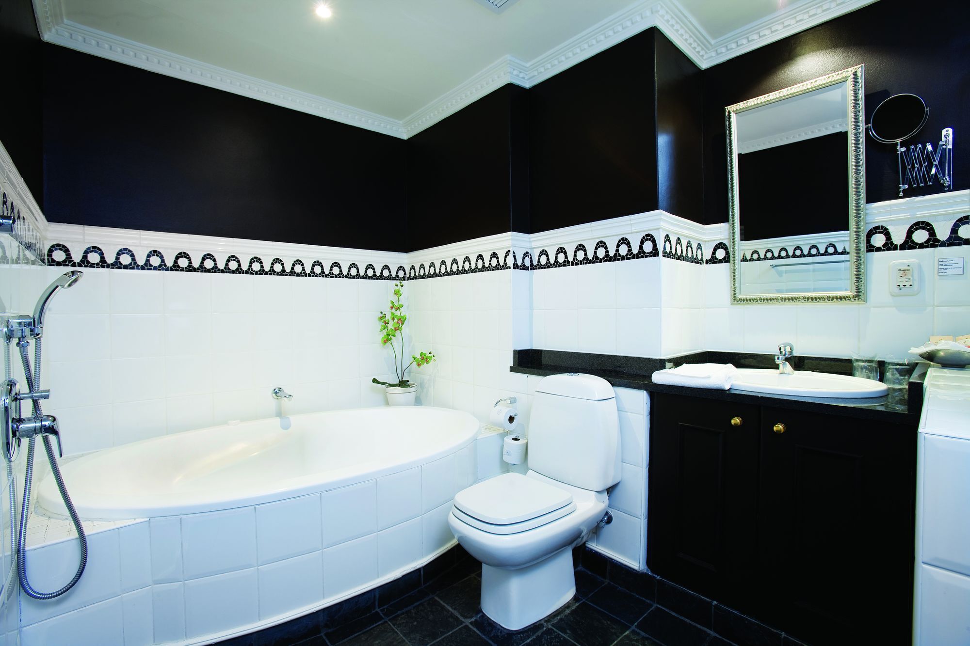 combined shower/bathtub, free toiletries, bathrobes, towels