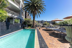 A swimming pool with lounge chairs, a palm tree, and a tiled walkway.