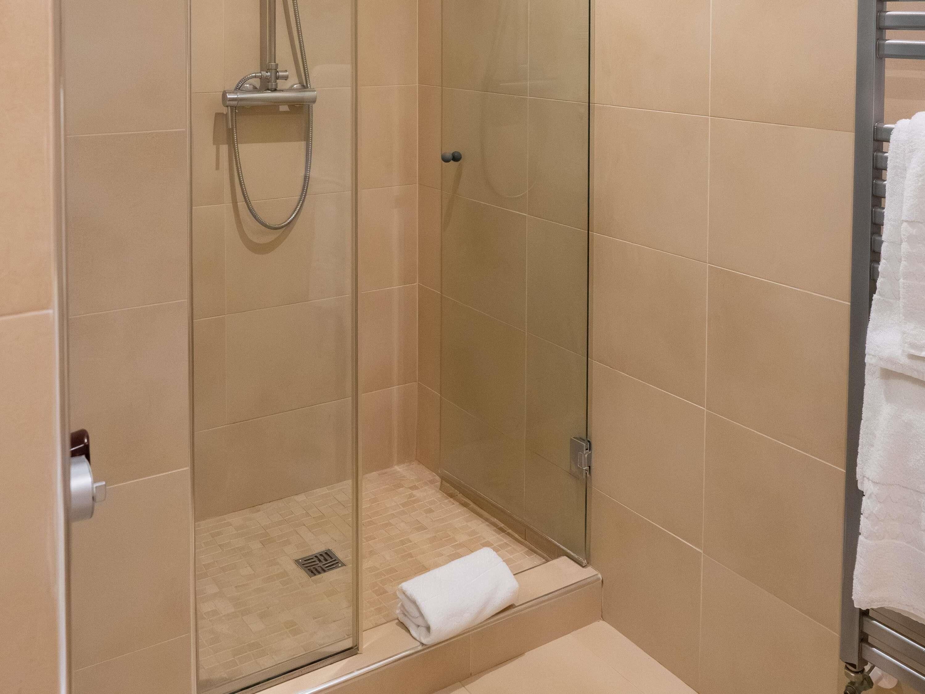 A shower area with a glass door, a towel rack, and a showerhead.