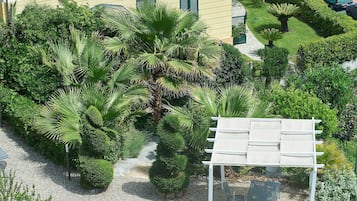 A well-maintained garden with various plants and a pergola structure.