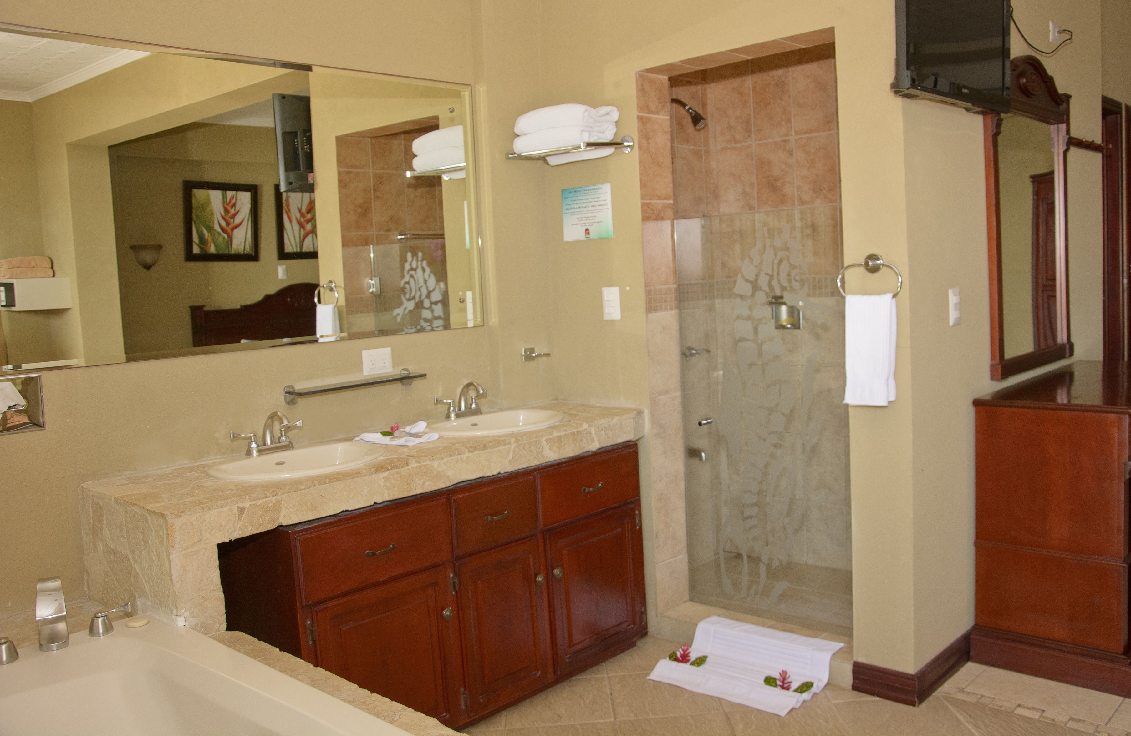 A bathroom with two sinks, a large mirror, a shower, and wooden cabinets.