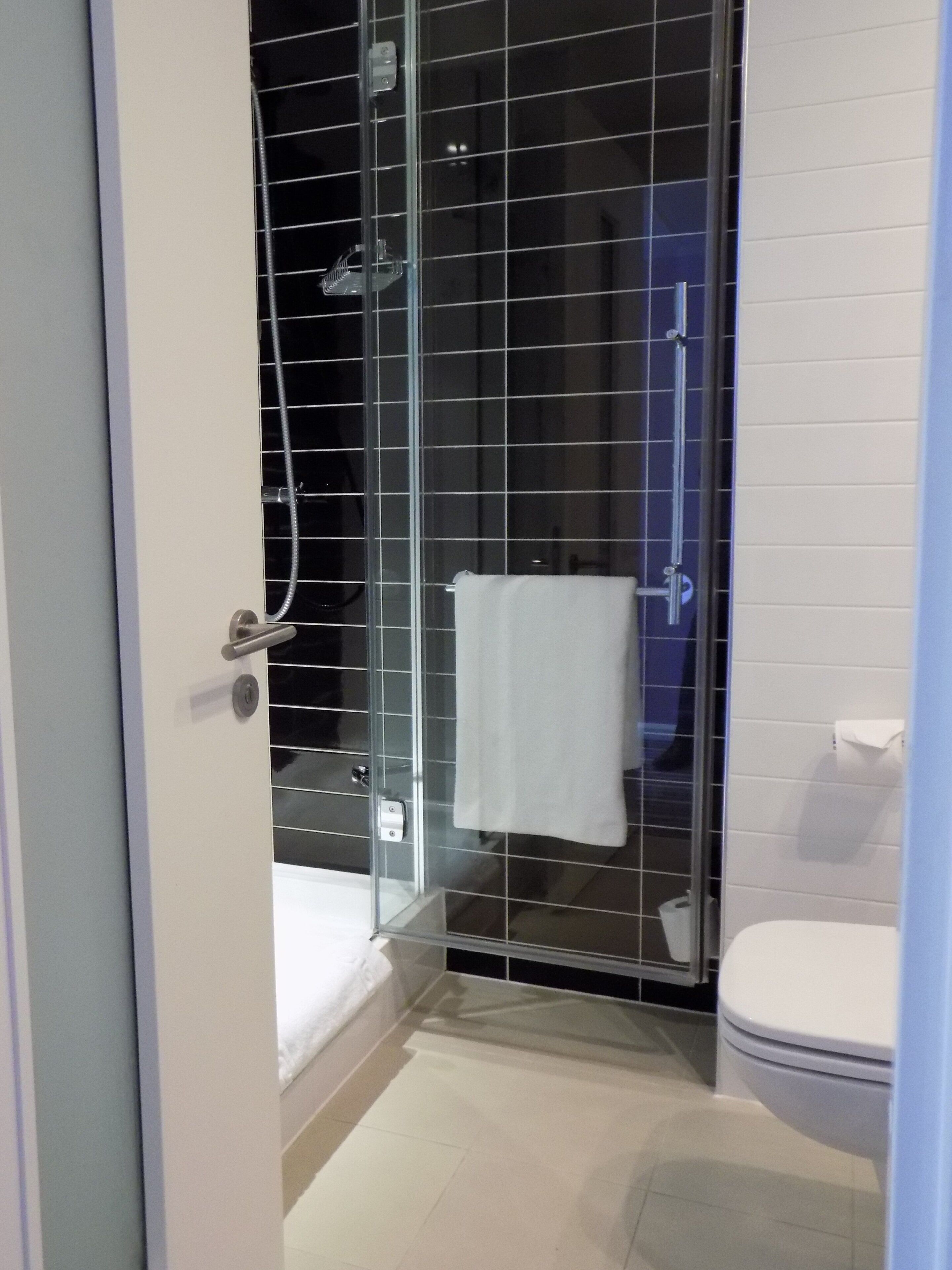 A bathroom with a glass-enclosed shower, a toilet, and a towel hanging on the wall.