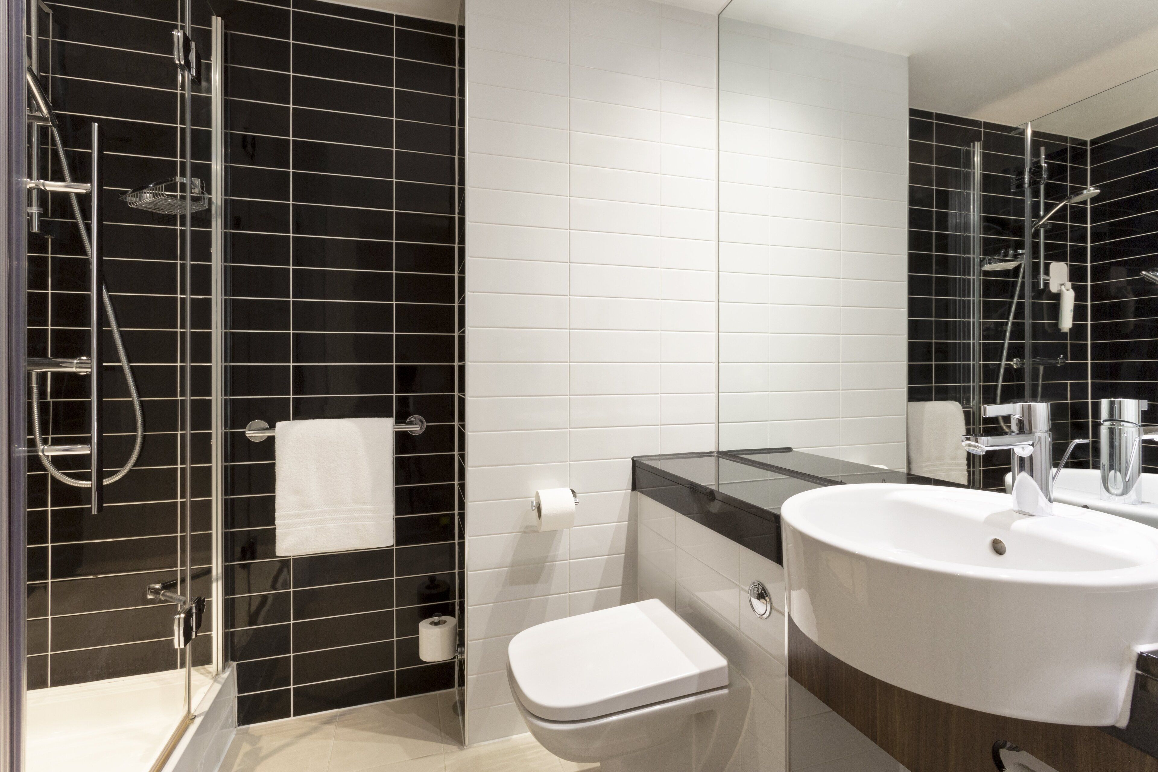 combined shower/bathtub, hair dryer, towels