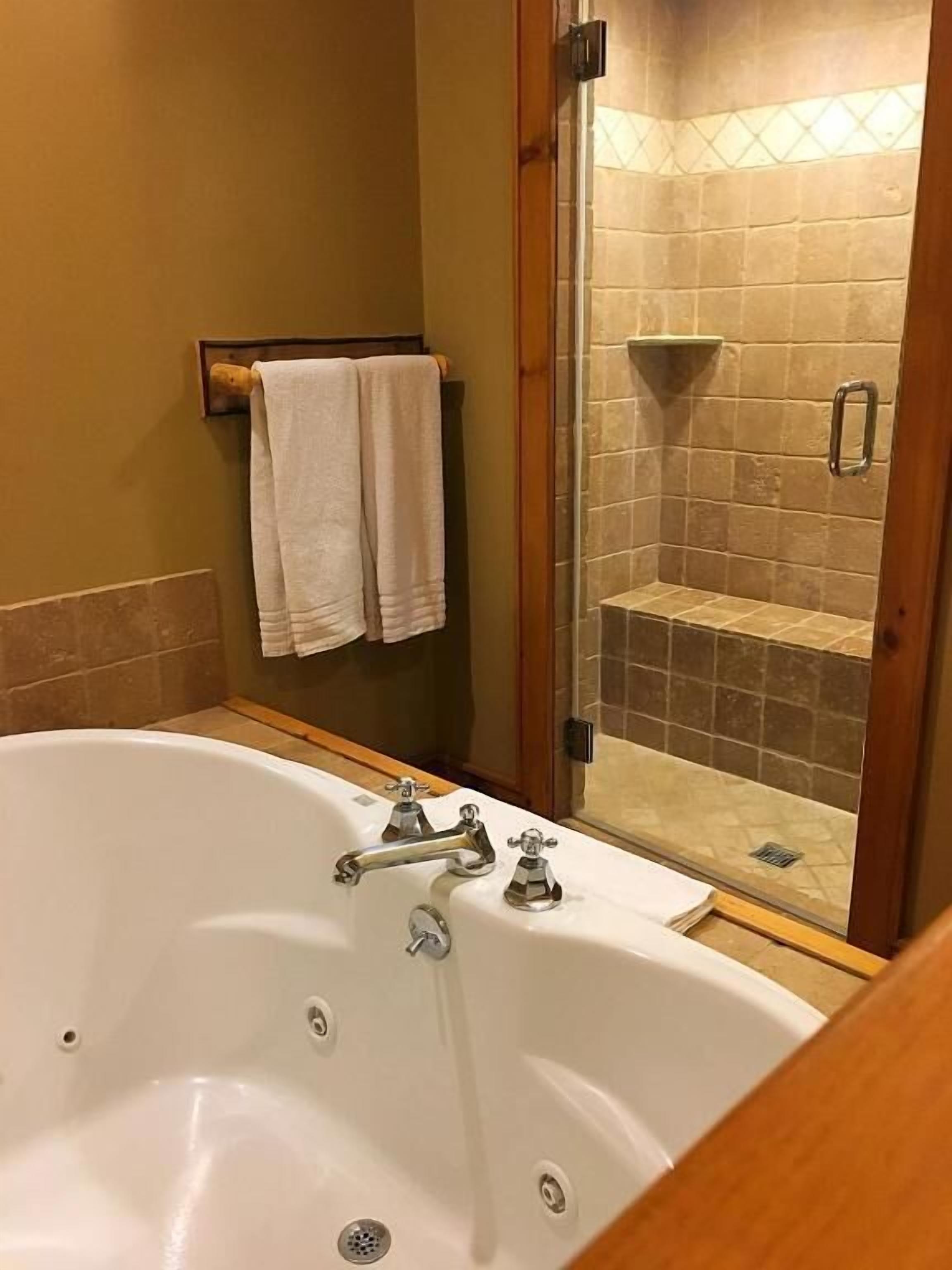Un baño con una bañera grande, una ducha con mampara de vidrio y un perchero con dos toallas.