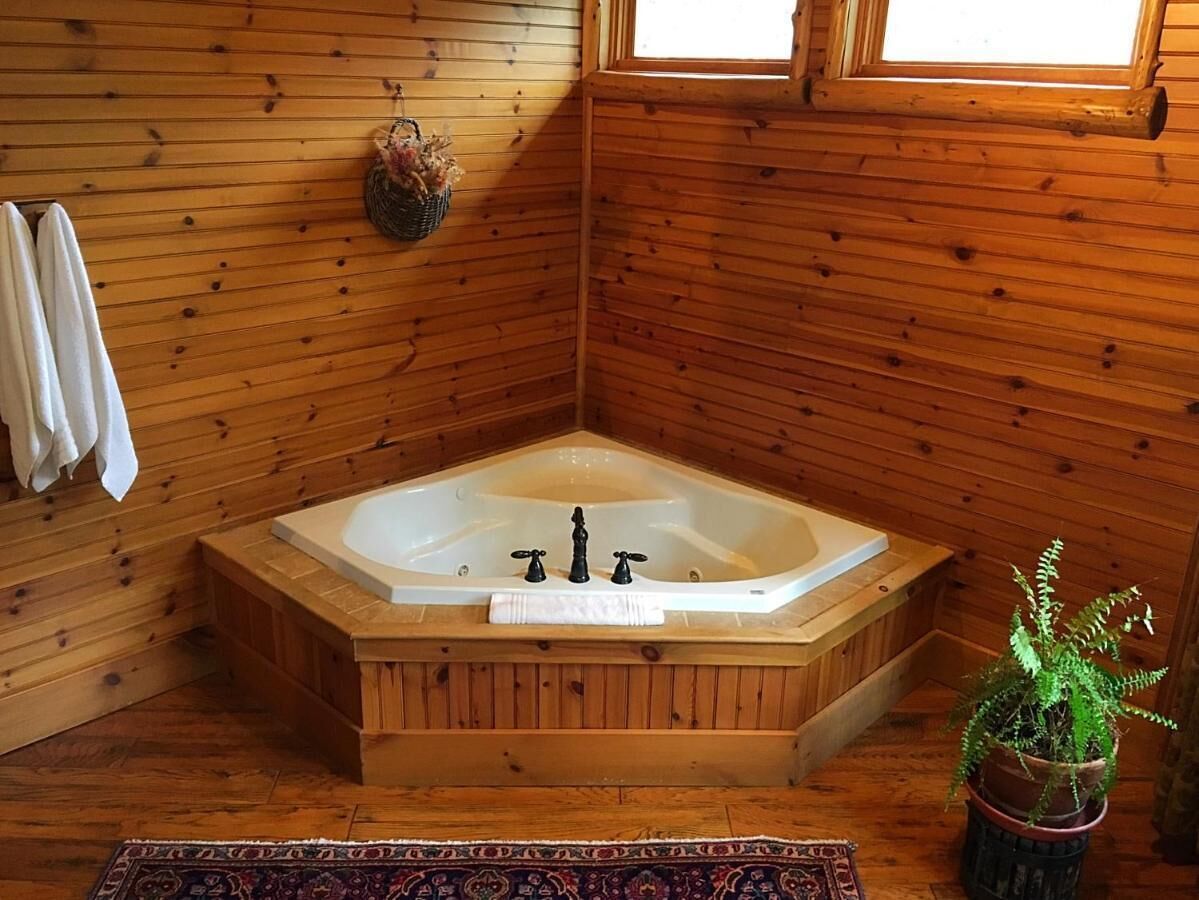 A wooden cabin bathroom with a freestanding bathtub, a potted fern, and a decorative wall hanging.