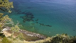 A coastal view with clear turquoise waters, rocky shoreline, and dense greenery. - Le Querce Resort Sea Thermae & SPA (Ischia)
