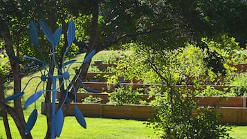 Ein Garten mit Baum und Zaun.