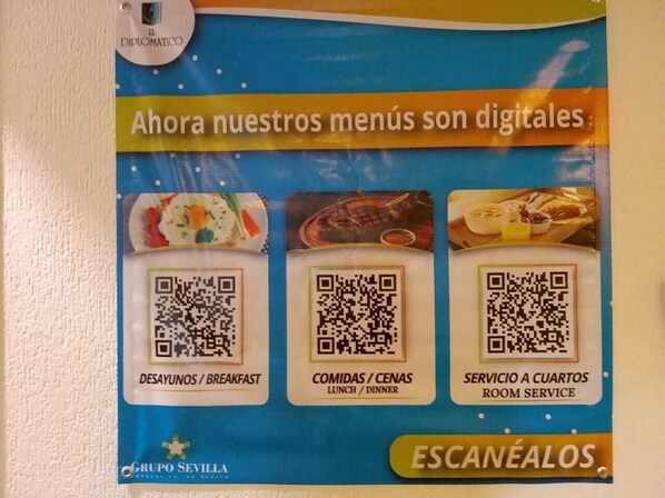 A digital menu board with QR codes for breakfast, lunch, dinner, and room service. - El Diplomatico Hotel (Mexico City)