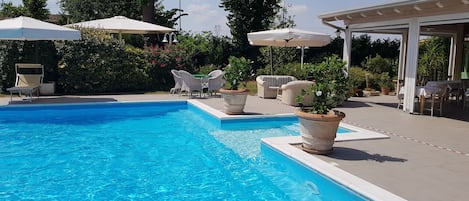 Seasonal outdoor pool, a rooftop pool, pool umbrellas, pool loungers