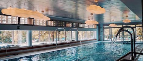 3 indoor pools, seasonal outdoor pool, pool loungers