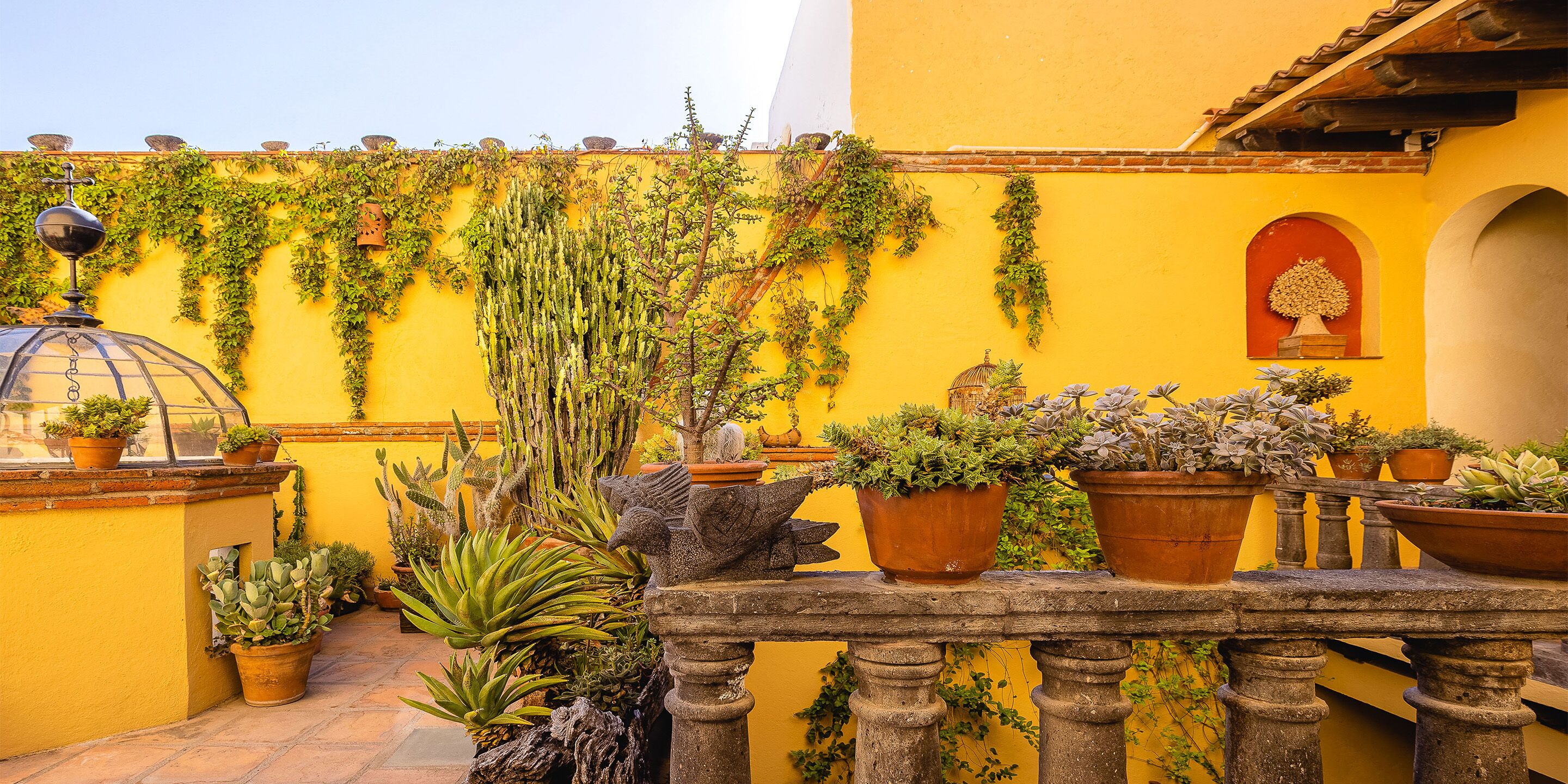 A courtyard with potted plants, a stone balustrade, and a yellow wall.