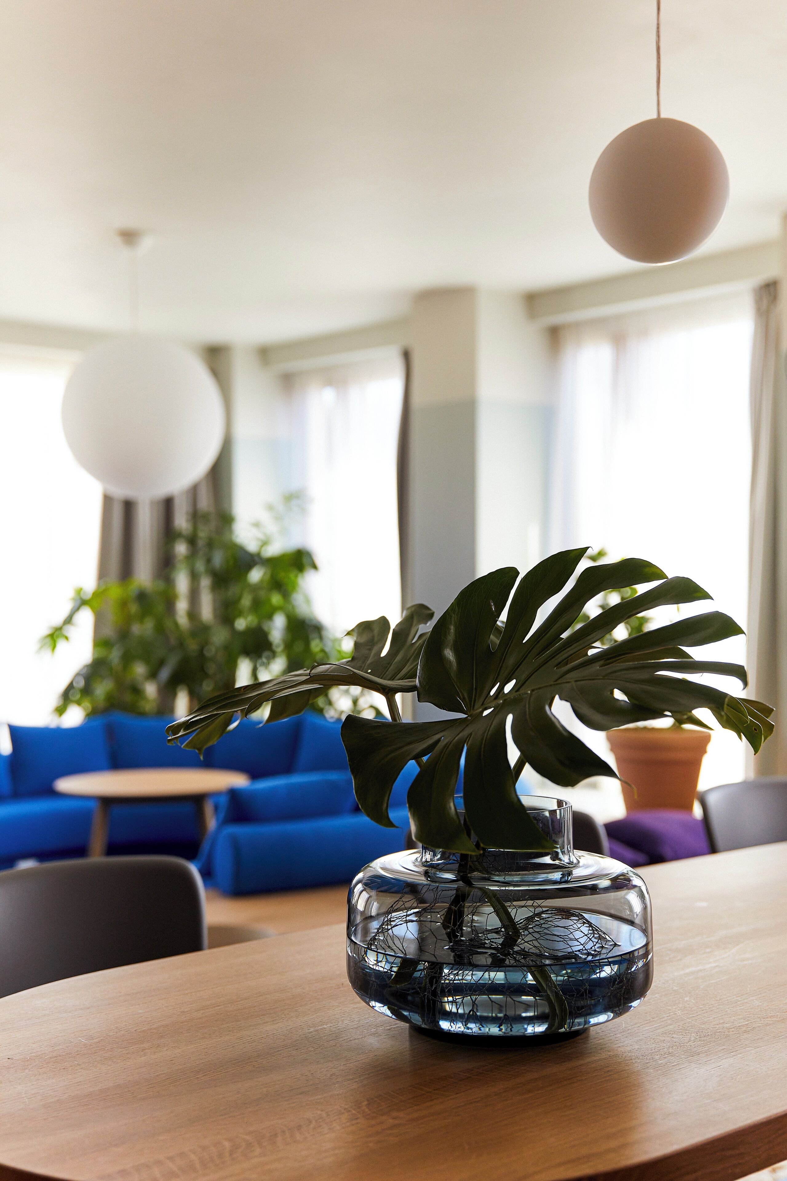 A modern living room with a blue sofa, a wooden table with a glass vase containing a plant, and a hanging light fixture.