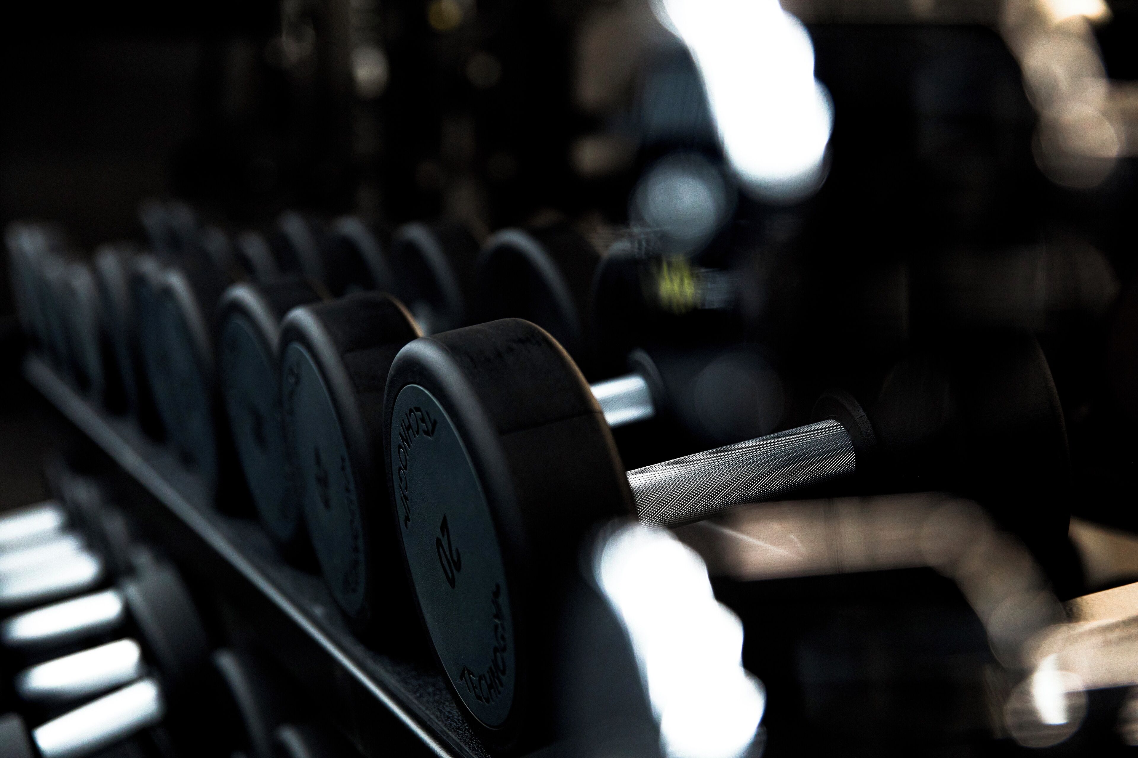 A row of dumbbells with weight markings, indicating a fitness or gym setting.