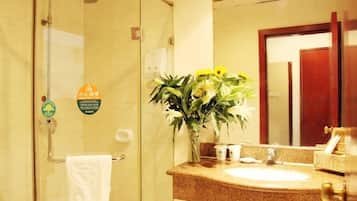 Combined shower/tub, free toiletries, hair dryer, bathrobes