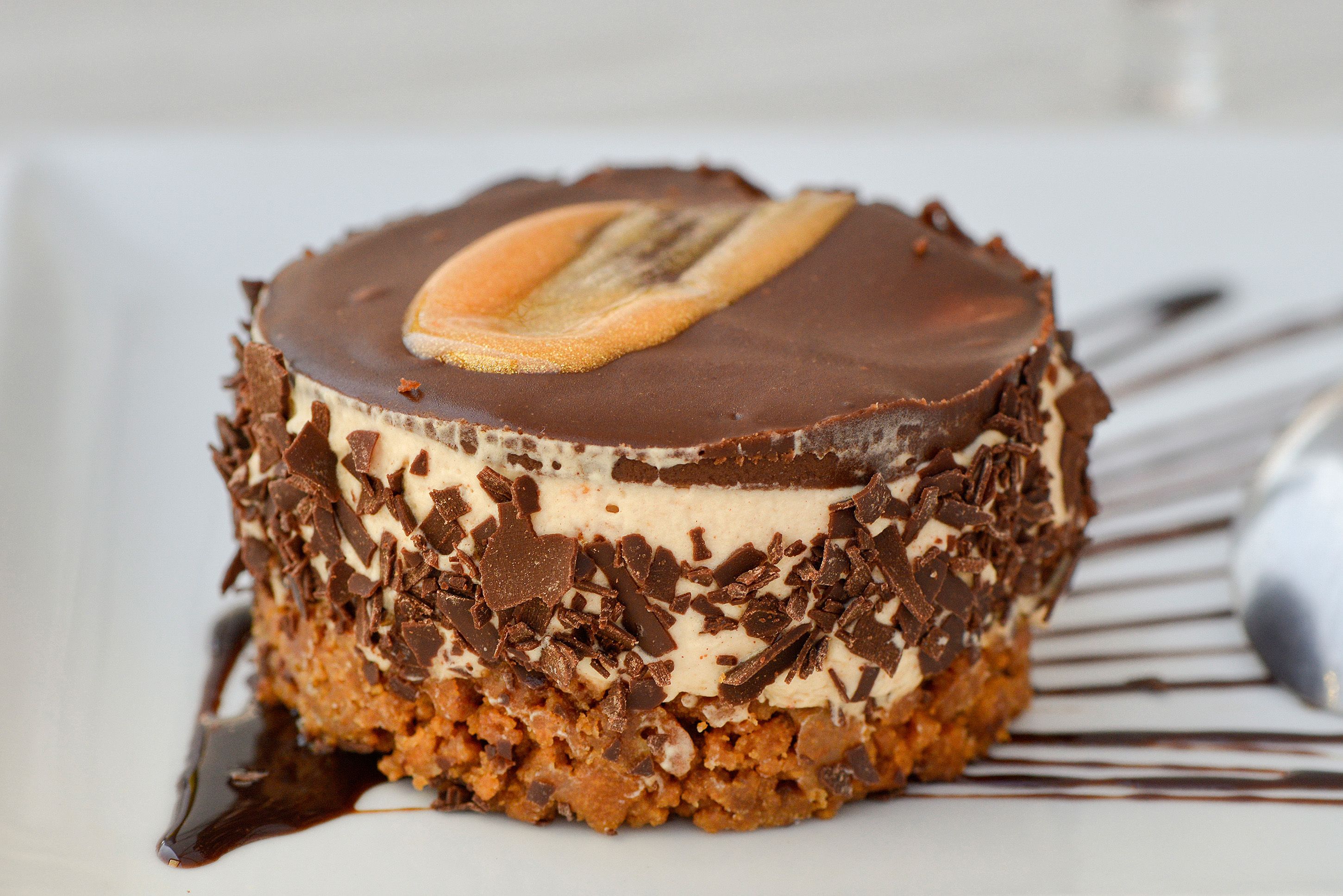 A dessert with chocolate and caramel layers, topped with a cookie.