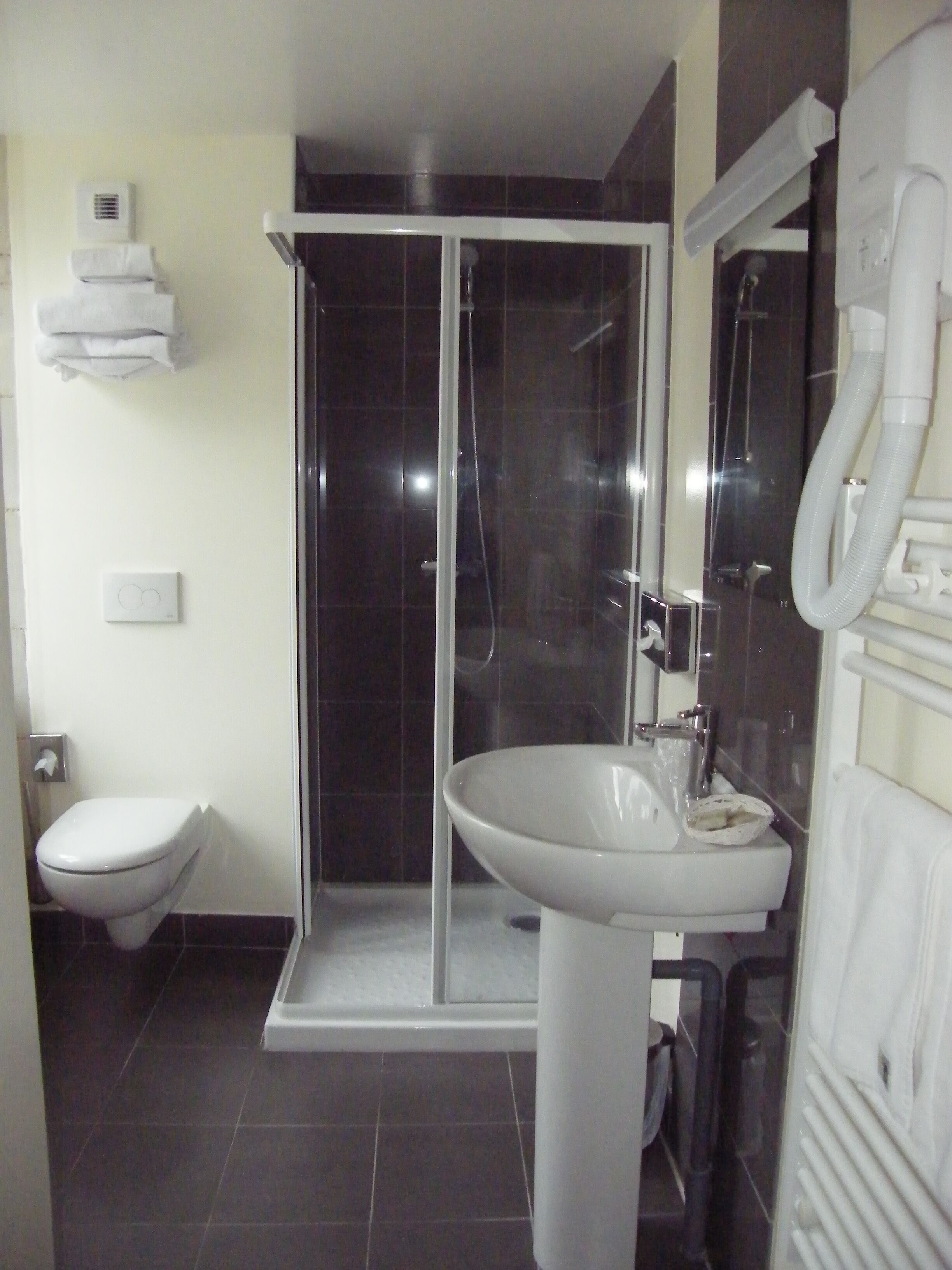 Een badkamer met douche, toilet en wastafel.