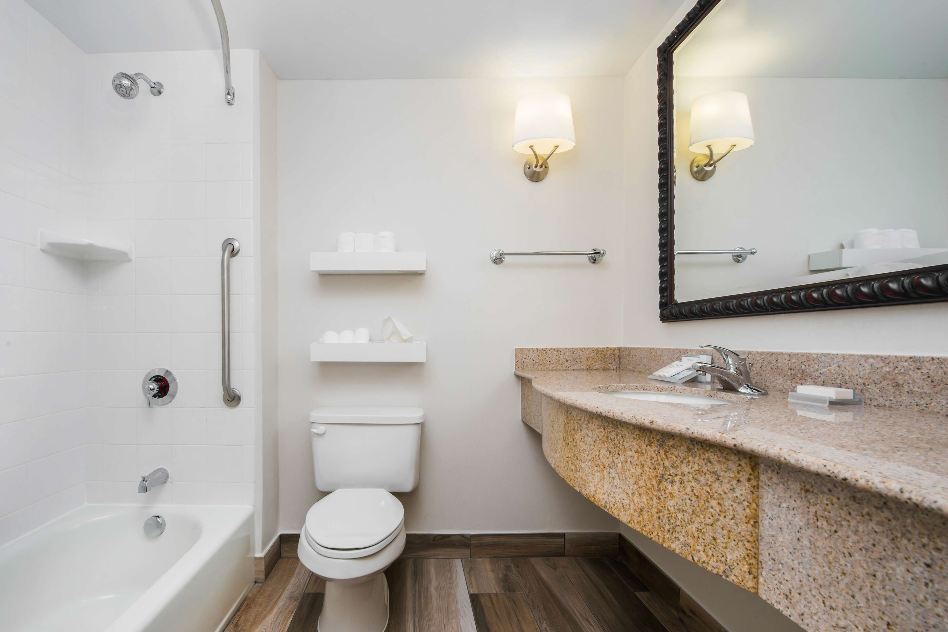 combined shower/bathtub, free toiletries, hair dryer, towels