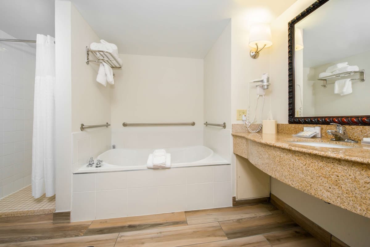 Combined shower/tub, free toiletries, hair dryer, towels