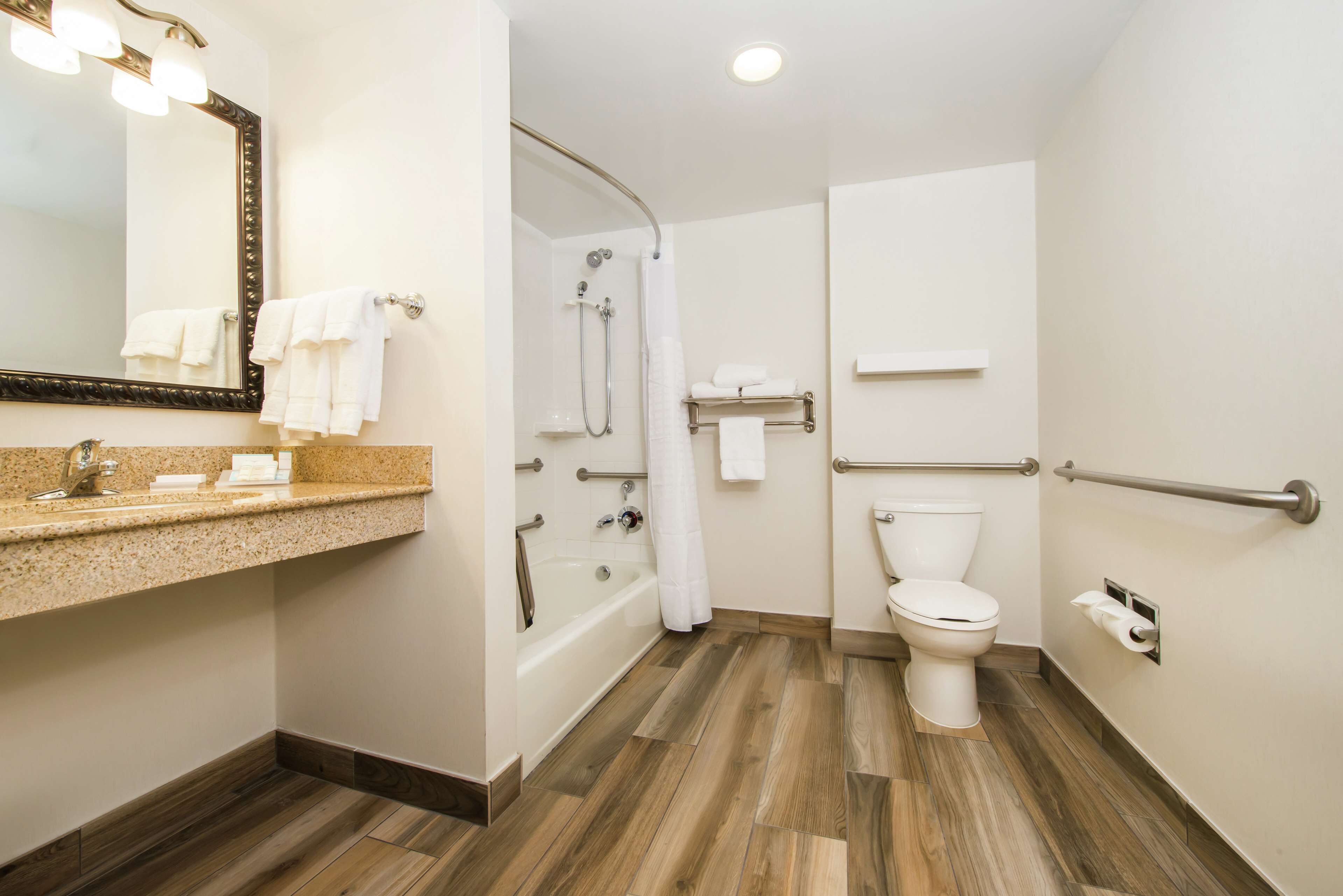 A modern bathroom with a sink, mirror, shower, and toilet.