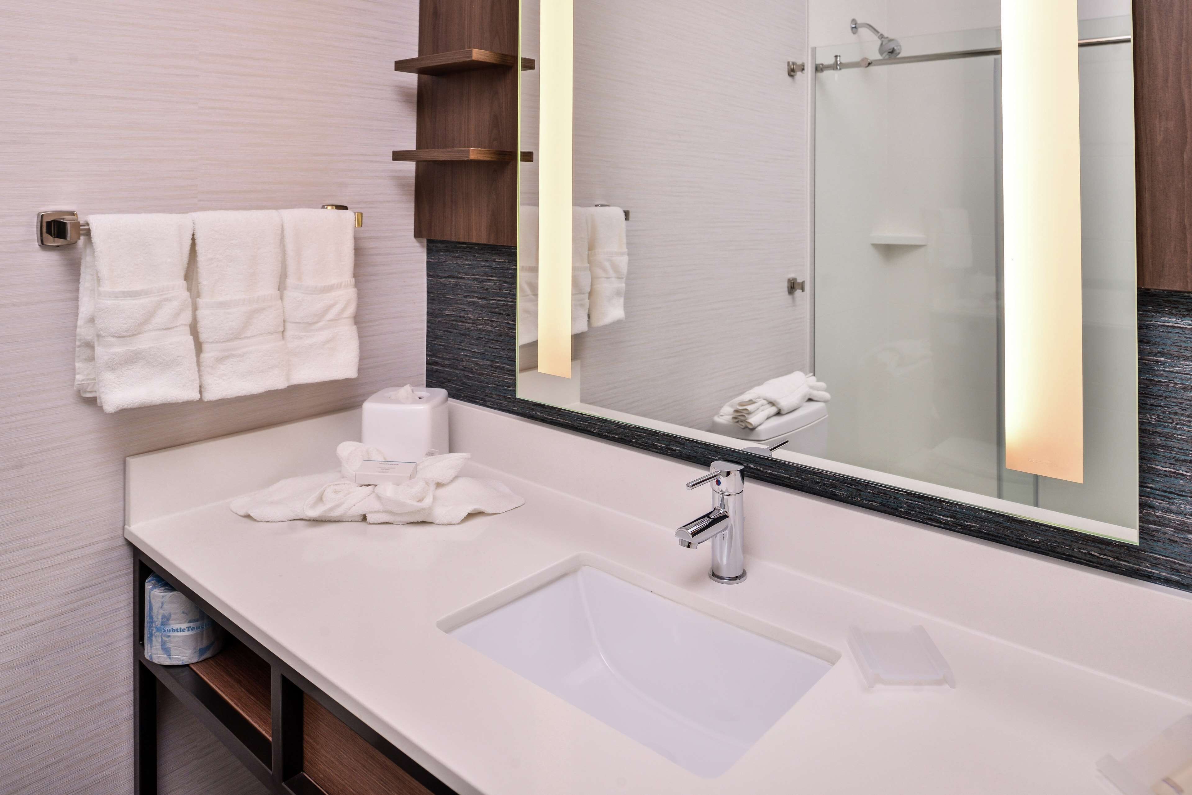 combined shower/bathtub, hair dryer, towels