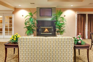 A living room with a fireplace, two potted plants, a sofa, and a television on the wall.