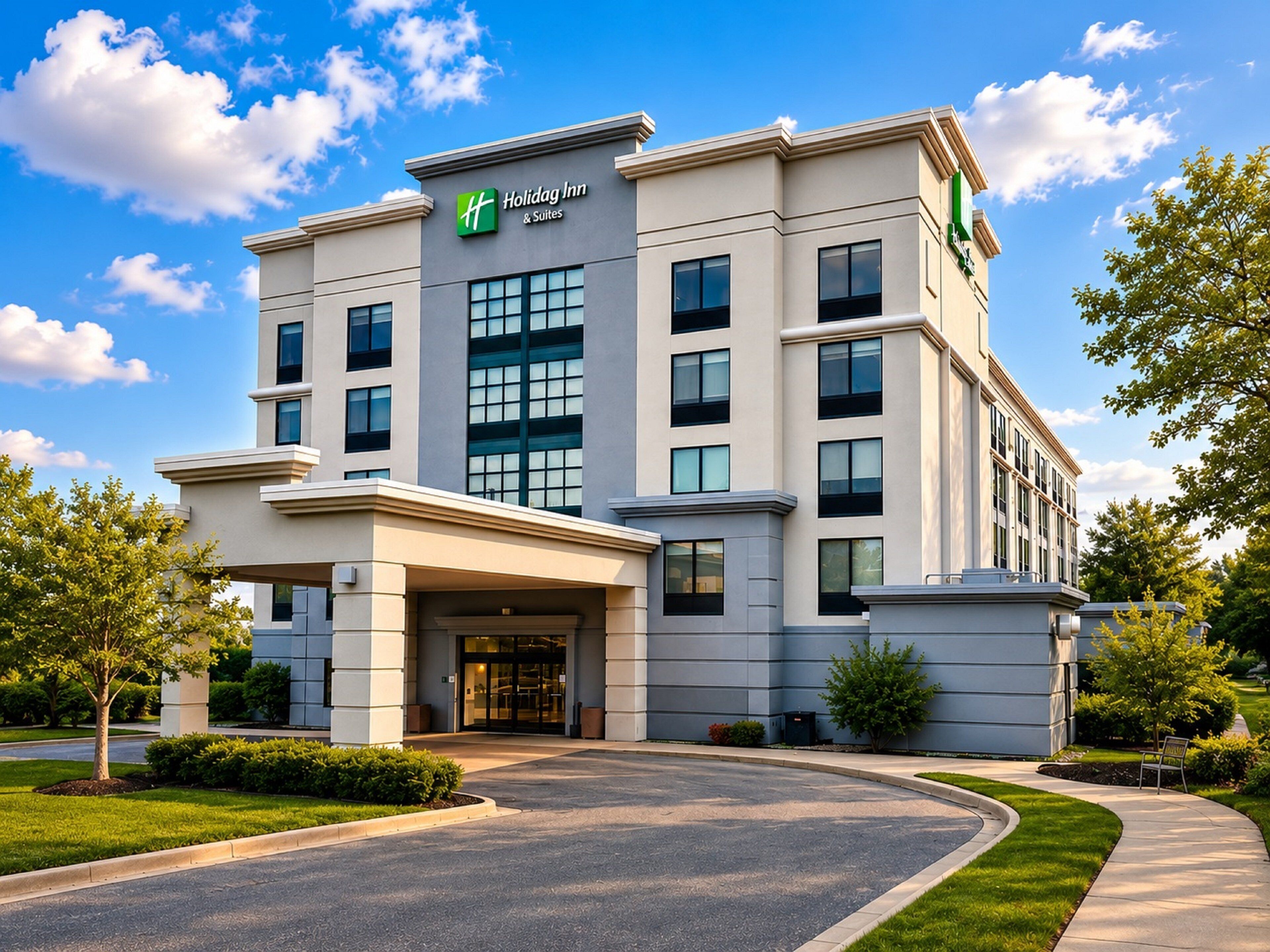 Un hotel Holiday Inn con fachada moderna, grandes ventanales y un área de entrada bien cuidada.