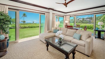 Condo, 2 Bedrooms, Oceanfront (Unit G101, 3 Bath) | Living area | 75-inch flat-screen TV with cable channels, TV, pay films