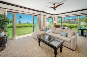 Condo, 2 Bedrooms, Oceanfront (Unit G101, 3 Bath) | Living area | 75-inch flat-screen TV with cable channels, TV, pay movies