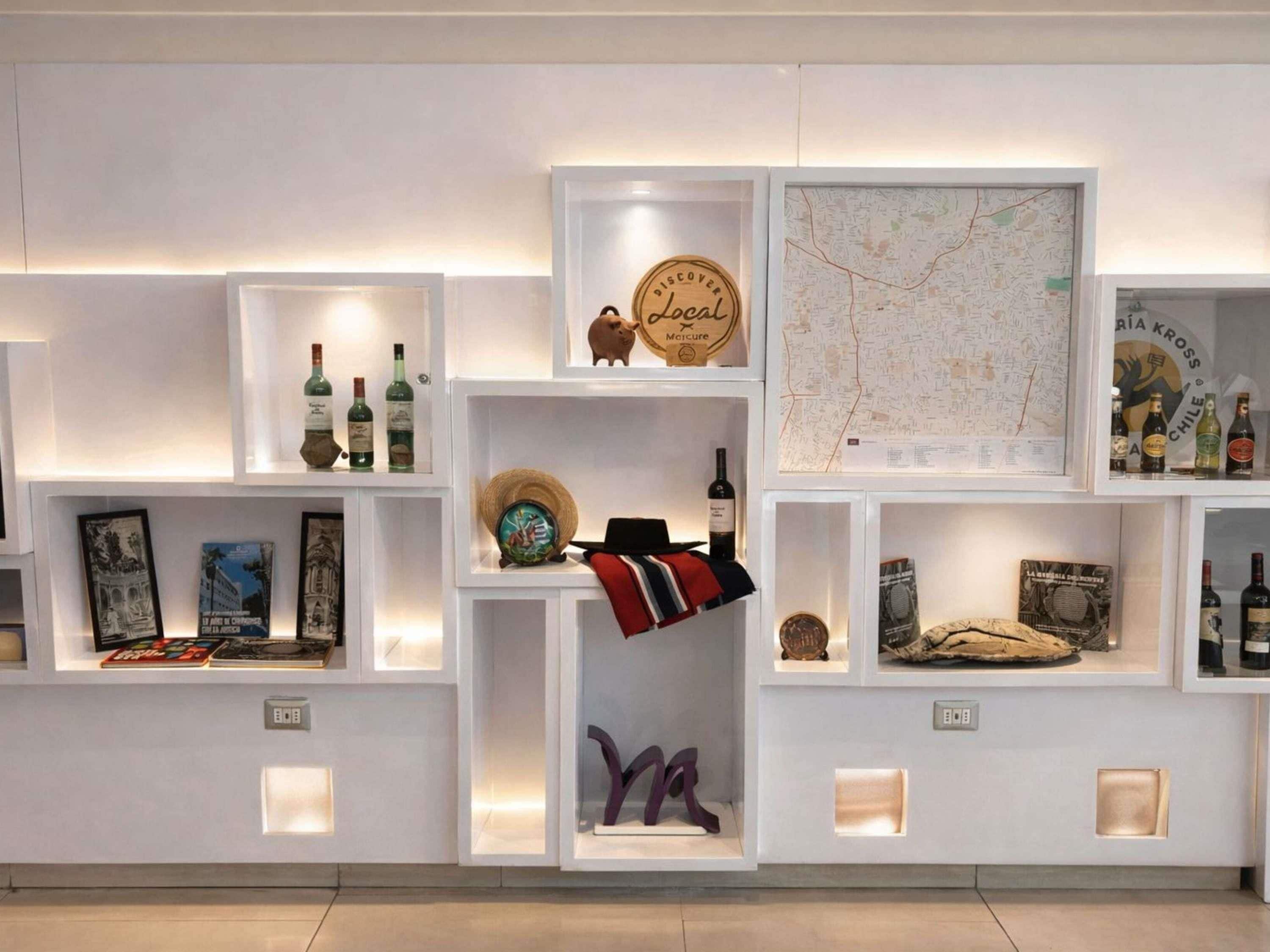 A wall with multiple shelves displaying various items including wine bottles, framed maps, and decorative objects.