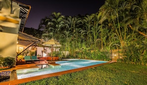 Outdoor pool, pool umbrellas, pool loungers