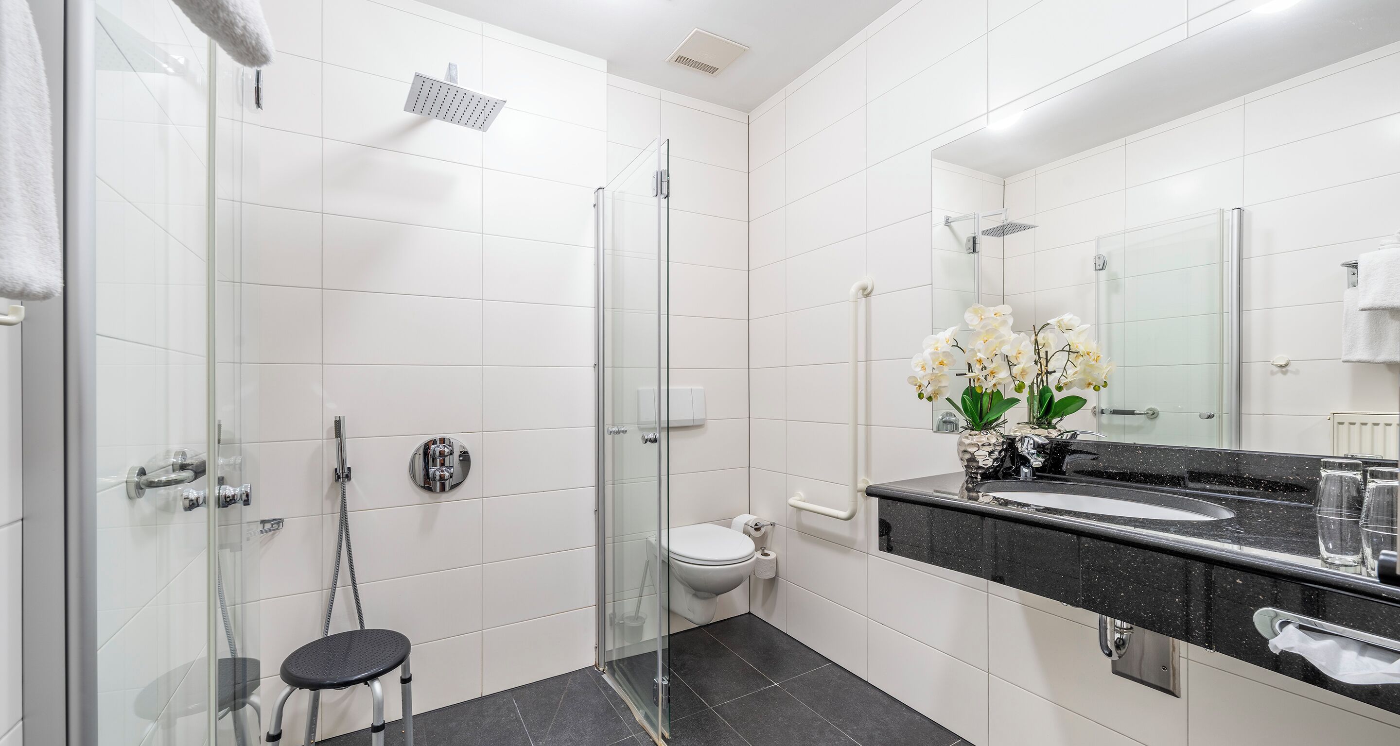 A modern bathroom with a glass-enclosed shower, a toilet, and a sink with a black countertop.