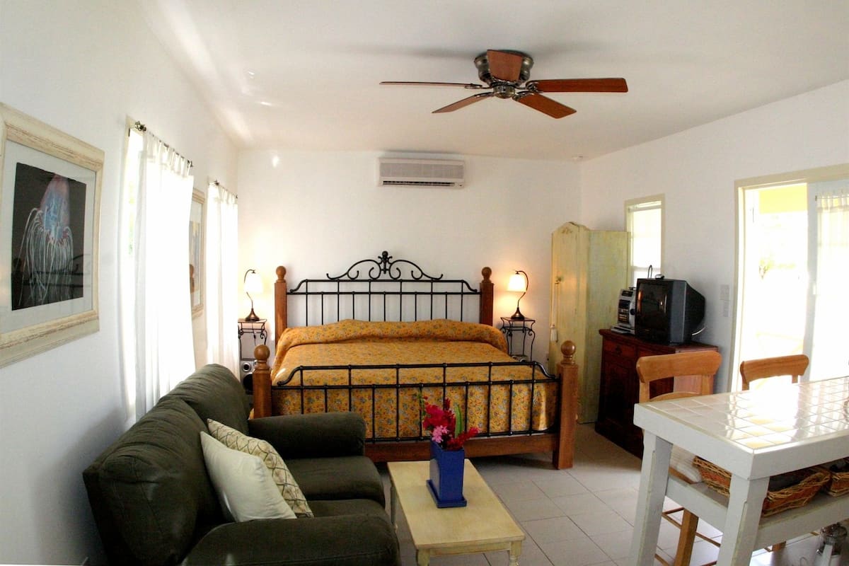 A bedroom with a bed, a sofa, a table, a ceiling fan, and a television.