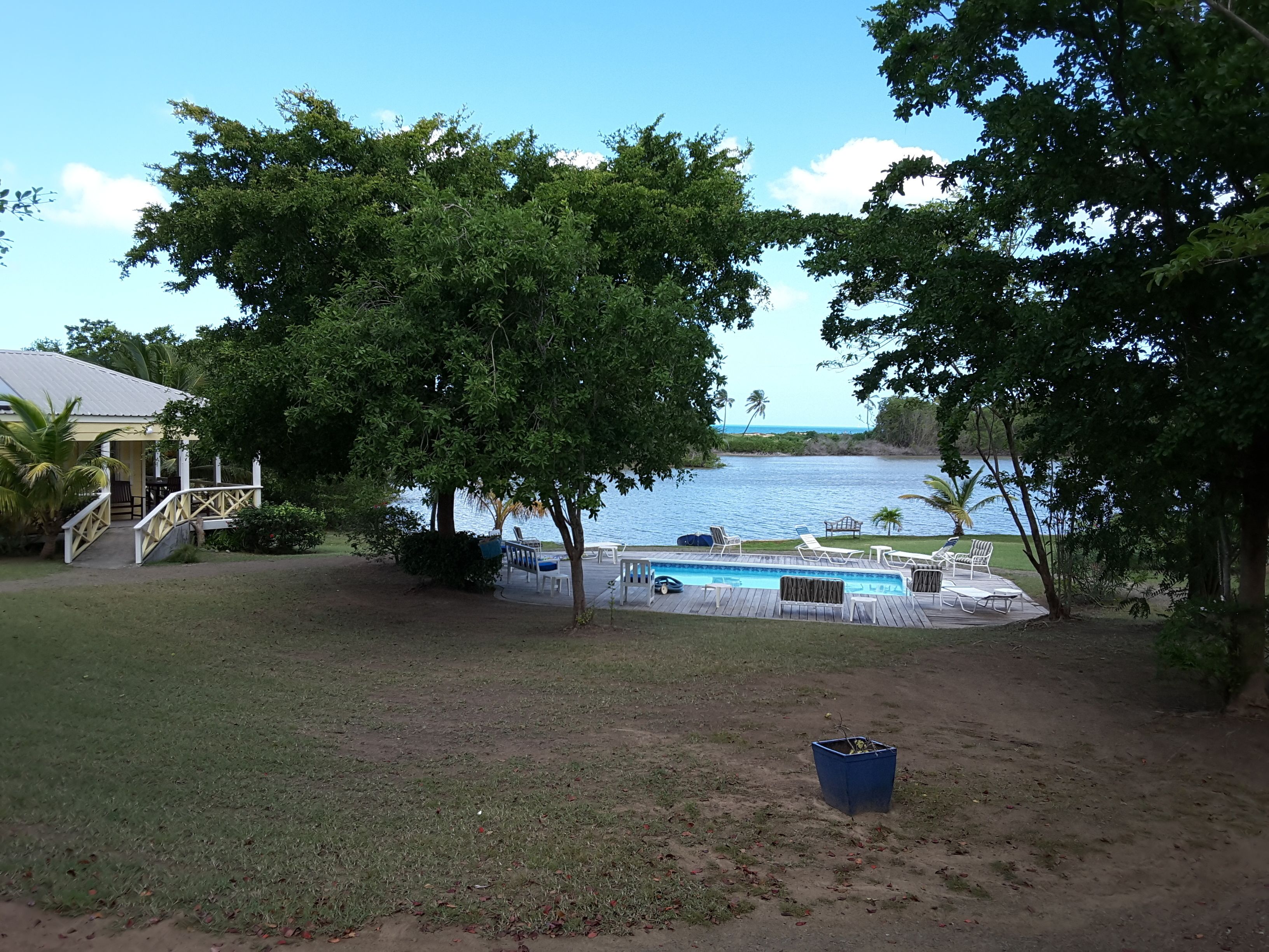 A pool area with a view of the ocean, surrounded by trees and a house.