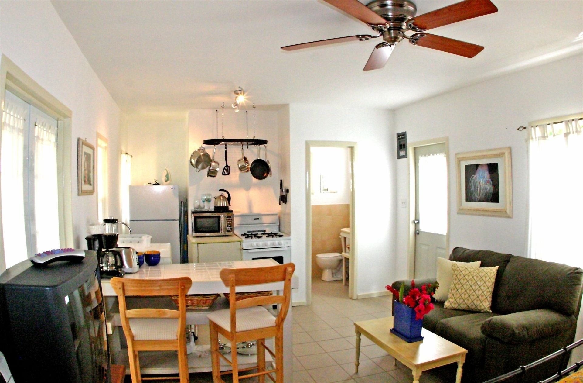 A compact living space with a dining area, kitchenette, and a sofa.