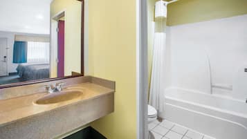 Combined shower/tub, deep soaking tub, free toiletries, hair dryer