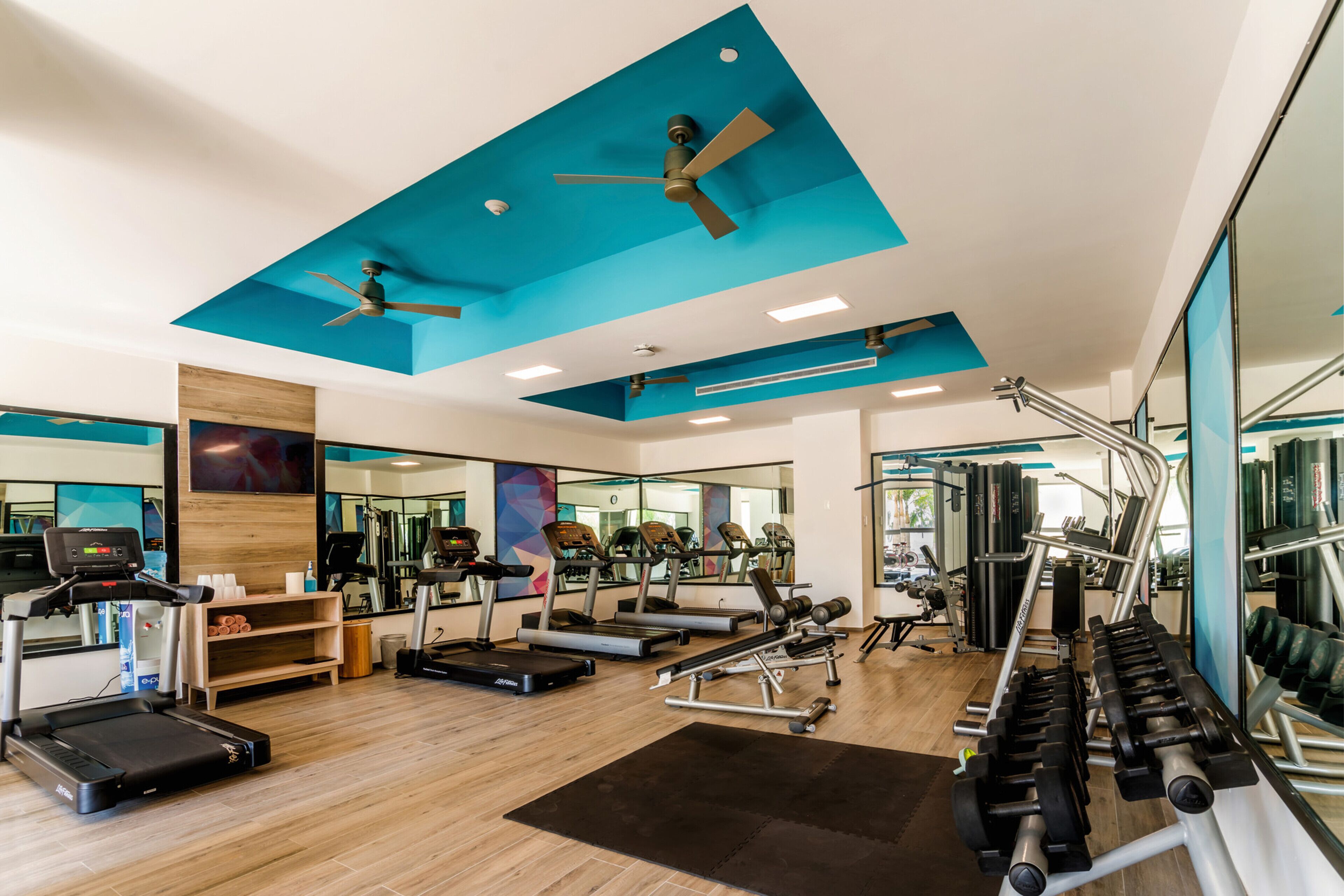 A modern gym with treadmills, weight machines, and a mirrored wall.