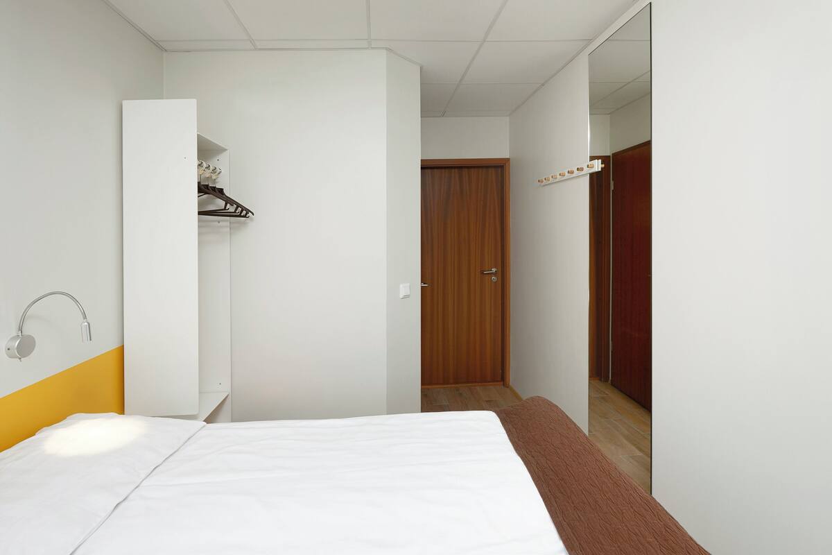 A bedroom with a bed, a wardrobe, a mirror, and a shower area.