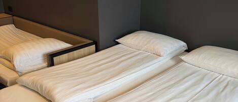 Une chambre d’hôtel avec trois lits simples disposés en rangée contre un mur, dans un décor aux couleurs sombres et claires.