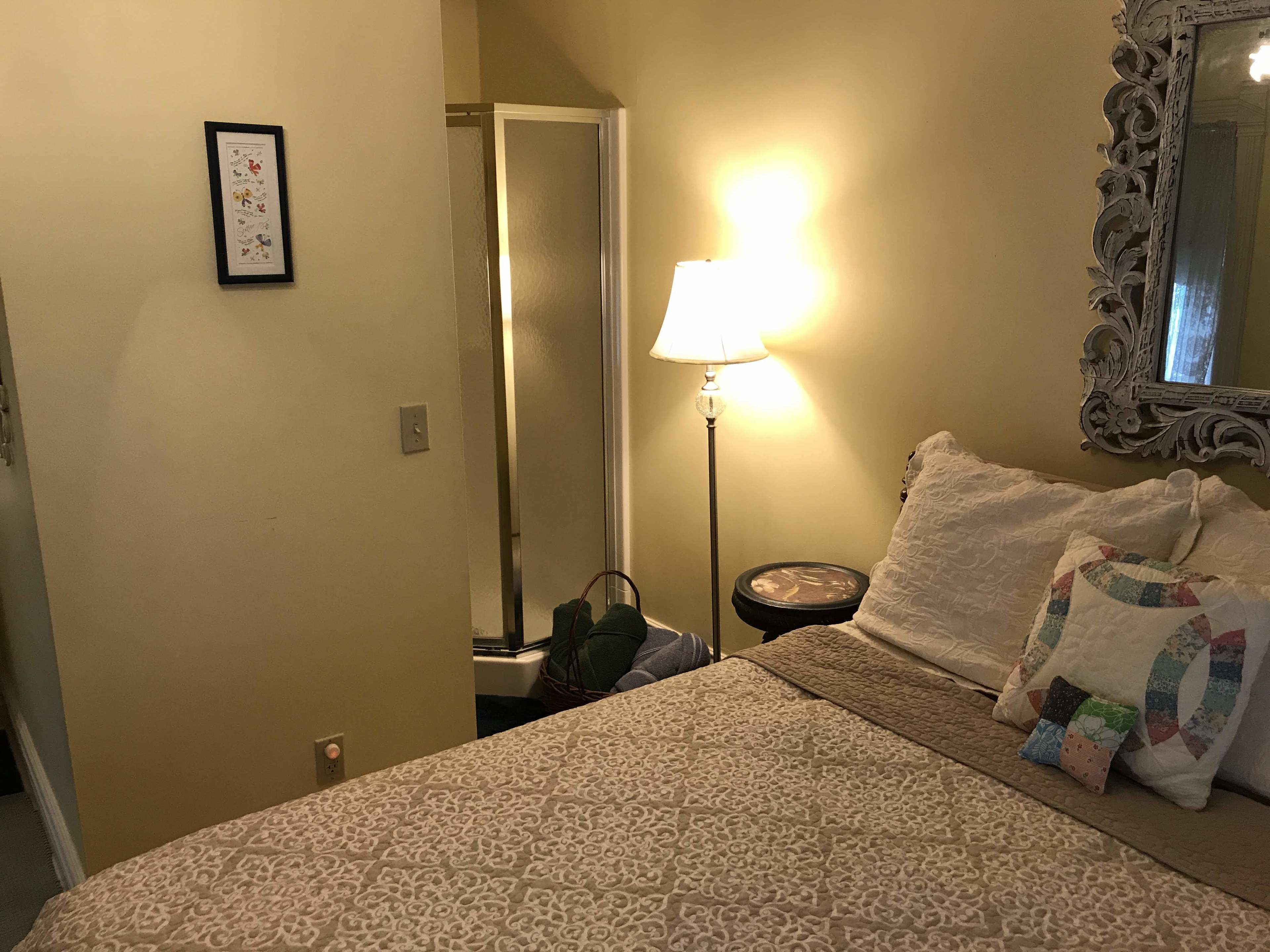 Una camera da letto con una coperta a motivi, una lampada da comodino, uno specchio con cornice decorata e un cuscino trapuntato.