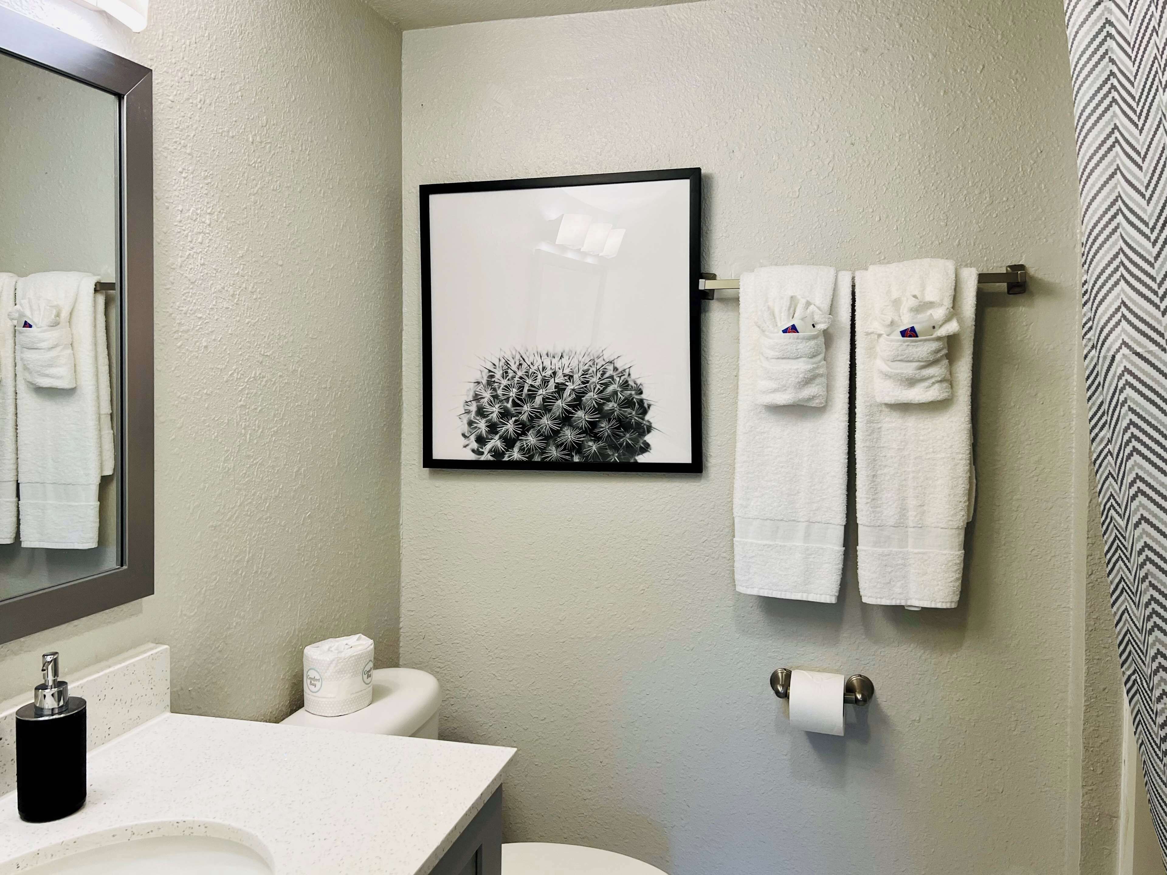 A bathroom with a toilet, sink, and framed artwork on the wall.