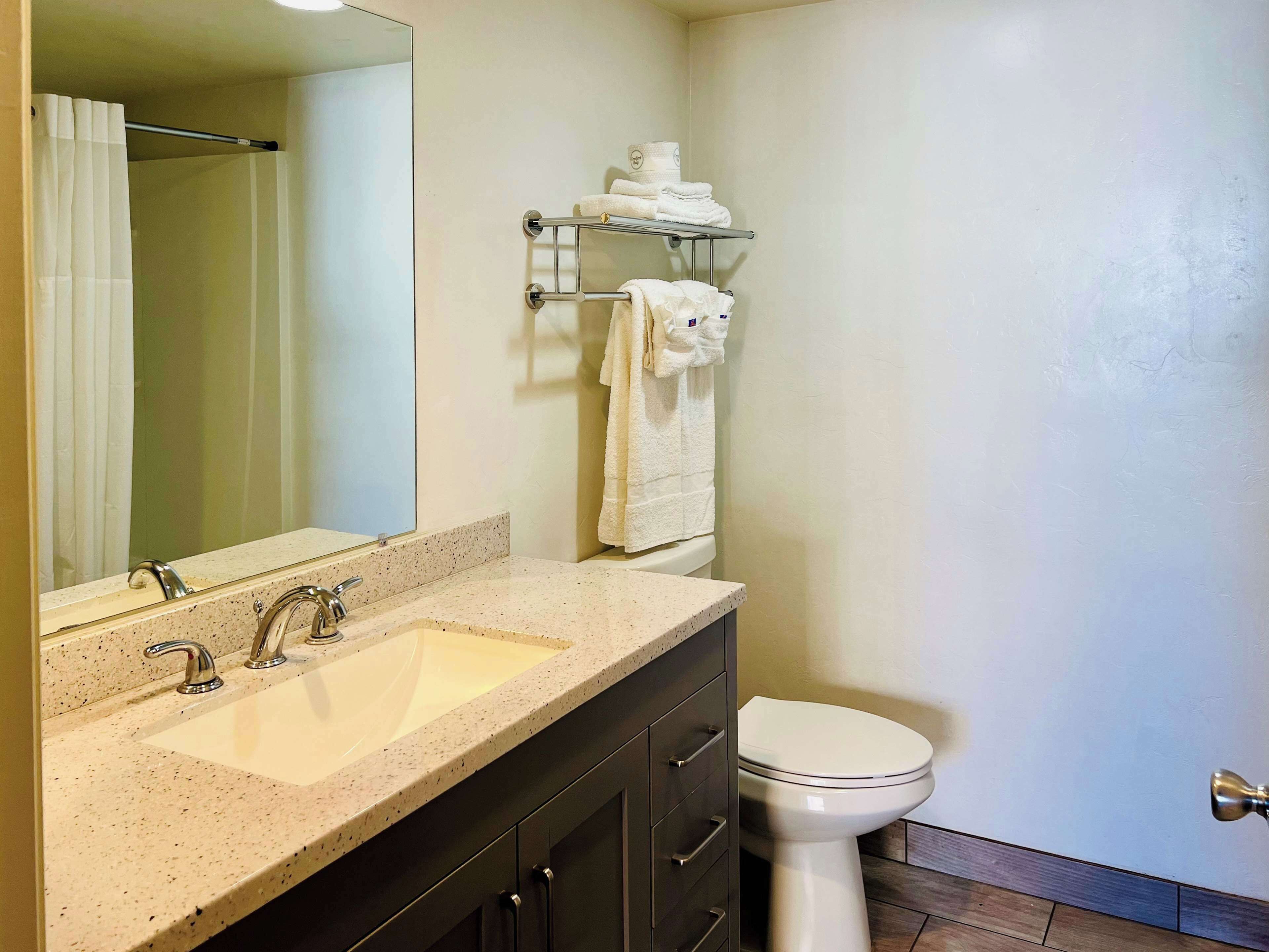 A bathroom with a double sink, a toilet, a towel rack, and a mirror.