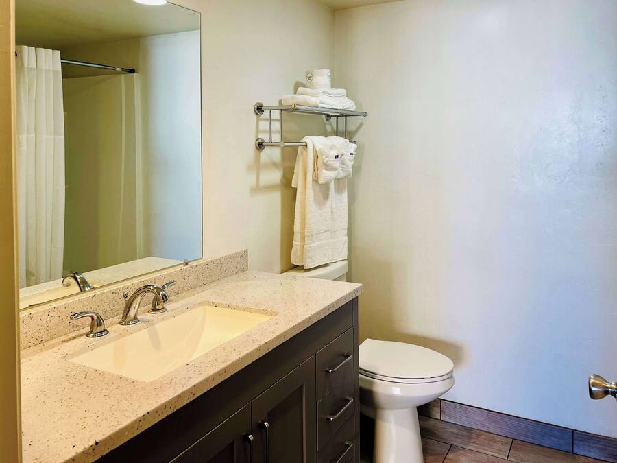 A bathroom with a double sink, a toilet, a towel rack, and a mirror.