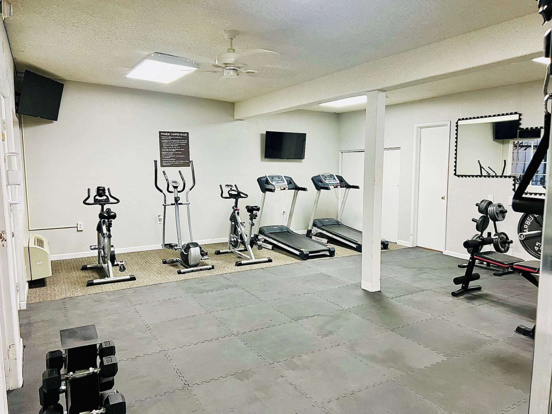 A home gym with exercise equipment including a stationary bike, elliptical, treadmill, and free weights.