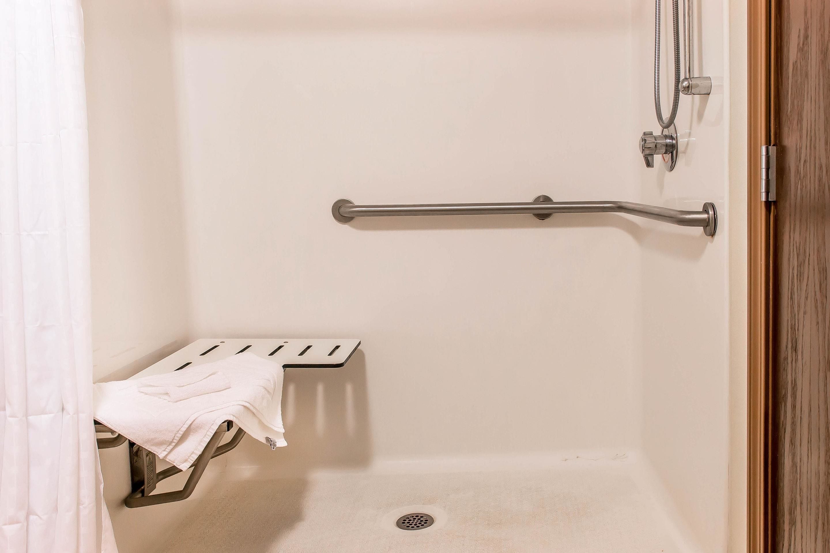 A shower area with a grab bar, a towel rack, and a showerhead.
