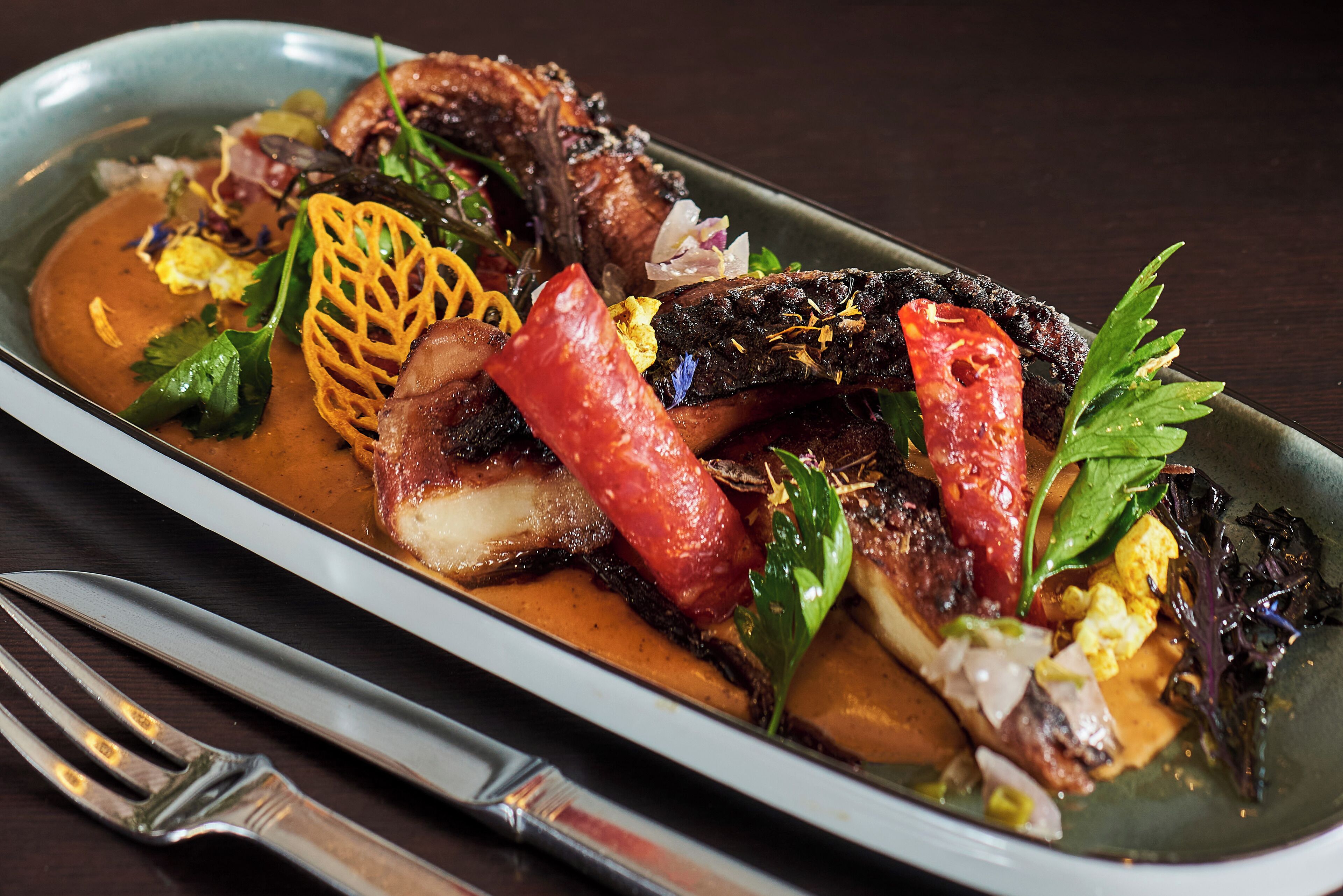 Un plato con diferentes carnes y verduras.