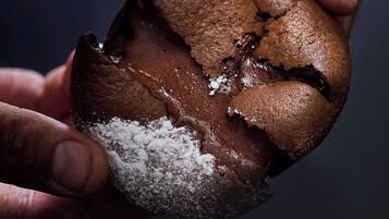 A hand holding a partially eaten chocolate cookie with a powdered sugar coating.