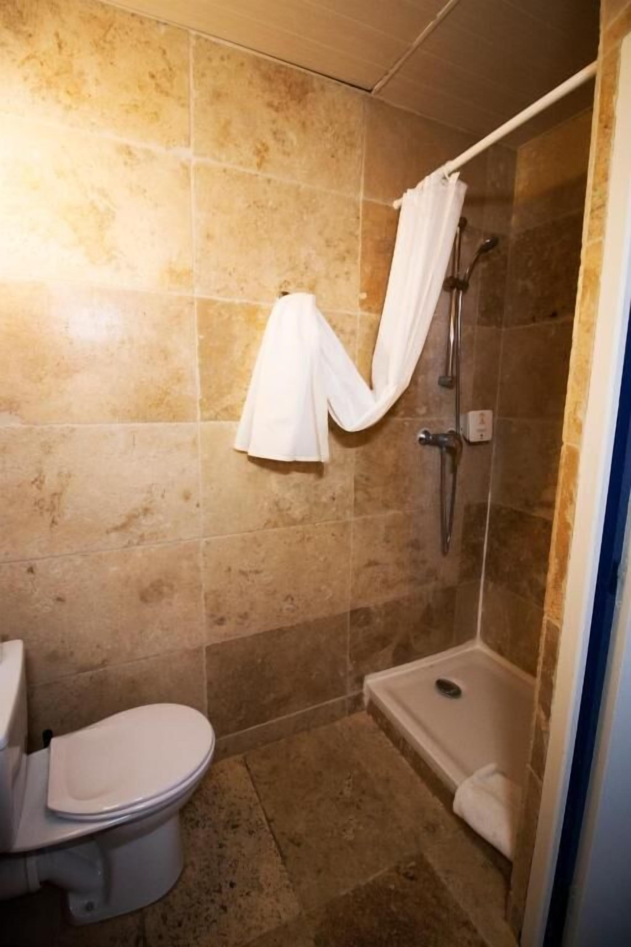 A bathroom with a toilet, a shower with a curtain, and tiled walls.